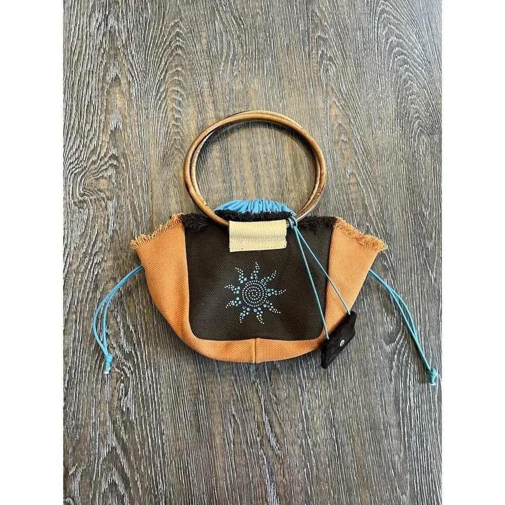 Vintage Canvas Handbag Purse Bag with Wooden Handles Rhinestones Orange Brown
